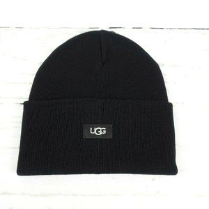 New UGG Solid Folded Cuff Beanie Black Women's Men's Unisex Wool-Blend Logo OS.